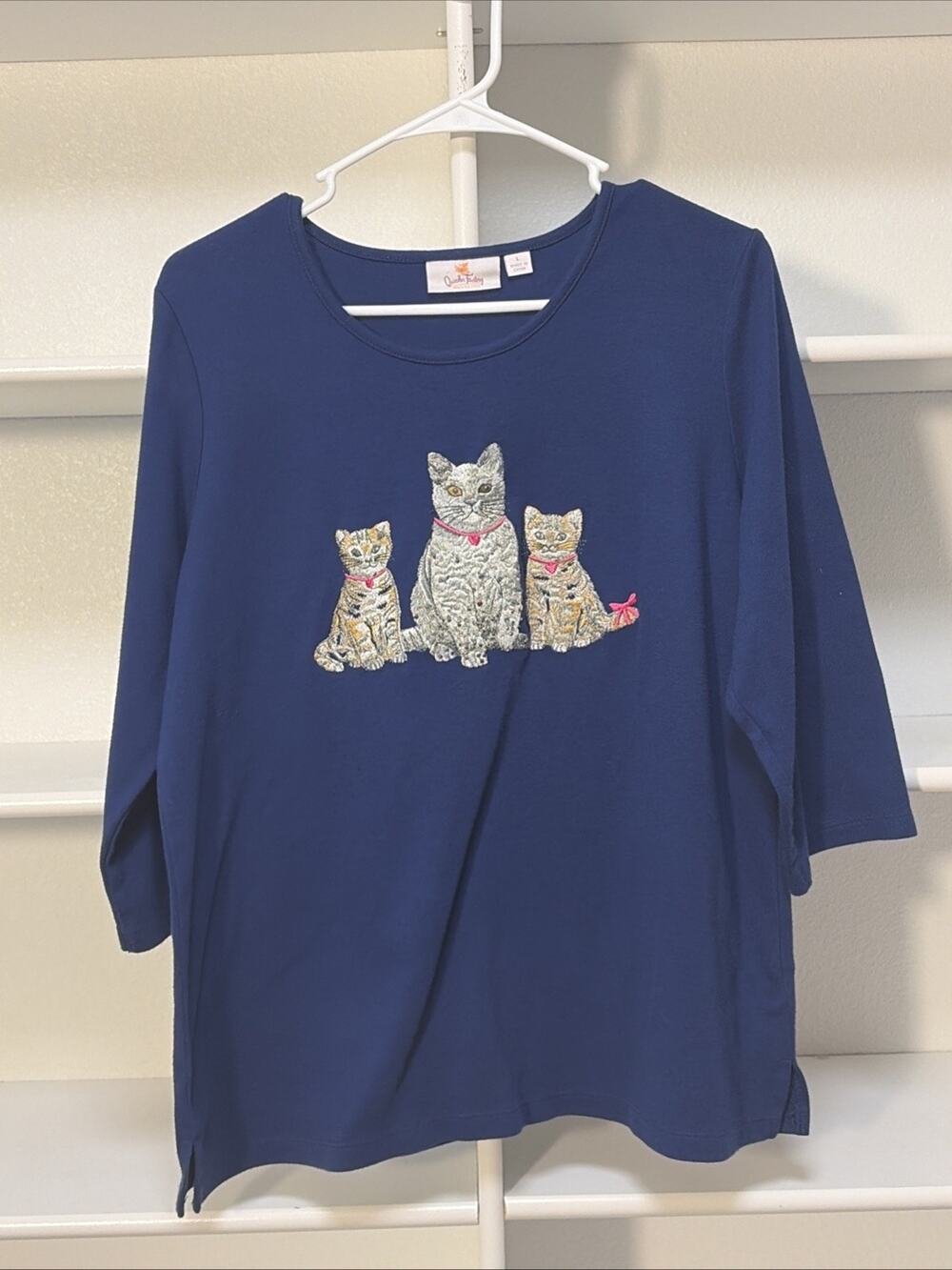 Vintage QUACKER FACTORY Embroidered Rhinestone 3/4 Sleeve Cat Top—SZ L Few Spots